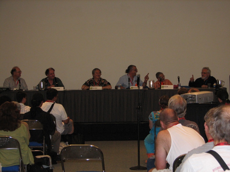 Sergio Aragones and Mark Evanier Panel - Tom Luth, Mark Evanier, Stan Sakai, Sergio Aragones, Gordon Kent, Russ Heath.JPG