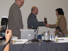 Matt Thorn and Moto Hagio accepting Inkpot Award 1